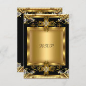 RSVP婚約エレガント金ゴールドフローラジュエルブラック 出欠カード (正面/裏面)