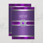 RSVP宝石紫色シルバートリム誕生日パーティー3 出欠カード (正面/裏面)