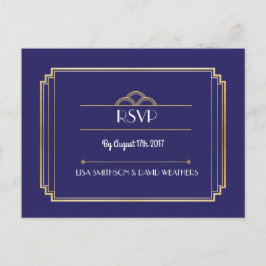 RSVP応答の結婚はがきアールデコネイビー金ゴールド インビテーションポストカード