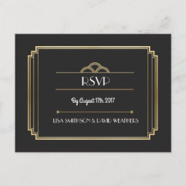 RSVP応答の結婚はがきアールデコ金ゴールド インビテーションポストカード