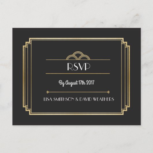 RSVP応答の結婚はがきアールデコ金ゴールド インビテーションポストカード (正面)