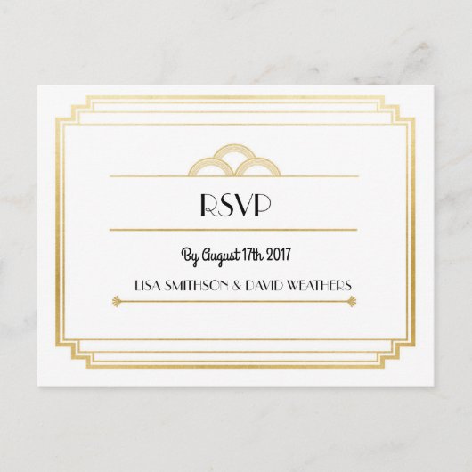 RSVP応答の結婚はがきアールデコ金ゴールド インビテーションポストカード (正面)