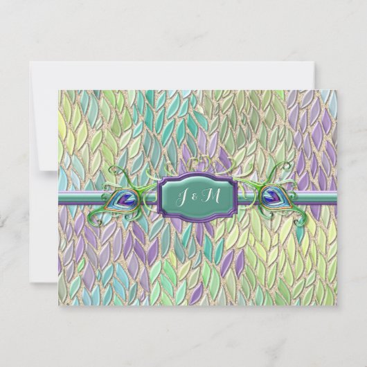 RSVP応答アールデコ孔雀の羽のスクリプトアート 出欠カード (裏面)