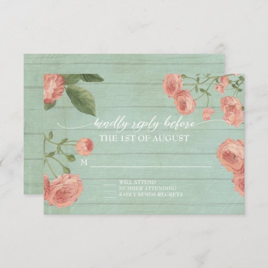 RSVP応答ウッドエレガントヴィンテージバラ桃 出欠カード (正面/裏面)