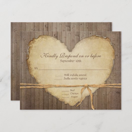 RSVP応答ウッドフ素朴ェンスボードハート 出欠カード (正面/裏面)