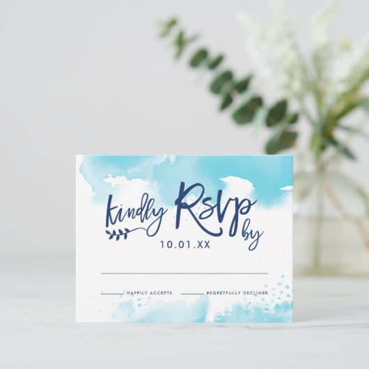 RSVP応答カードスタイリッシュアクアブルー水色 出欠カード (スタンド正面)