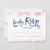 RSVP応答カードスタイリッシュネイビピンク水色 出欠カード (正面)