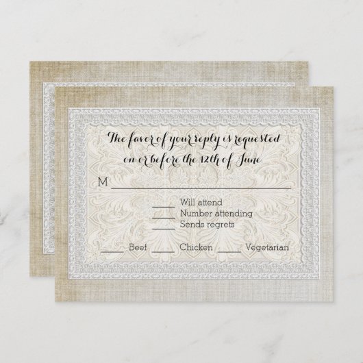 RSVP応答カードレースエージド素朴ヴィンテージリネン 出欠カード (正面/裏面)