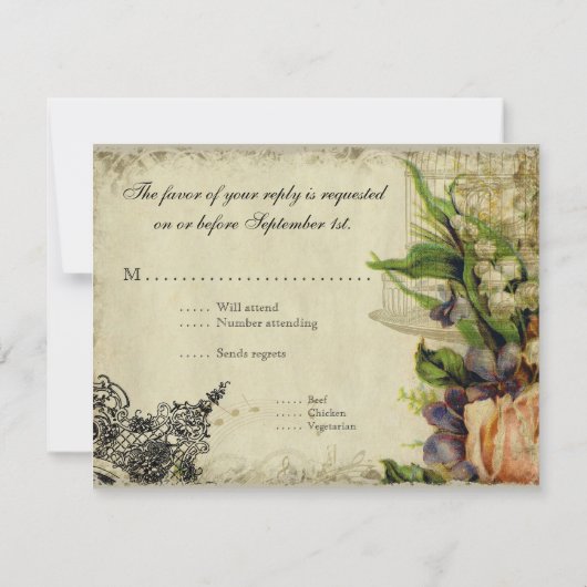 RSVP応答カード – イエローソングバードケージフローラ 出欠カード (裏面)