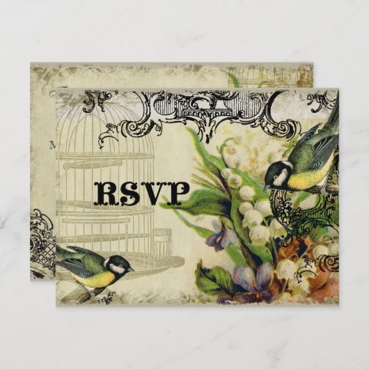RSVP応答カード – イエローソングバードケージフローラ 出欠カード (正面/裏面)