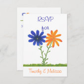 RSVP応答カード、青とオレンジの花 出欠カード (正面/裏面)