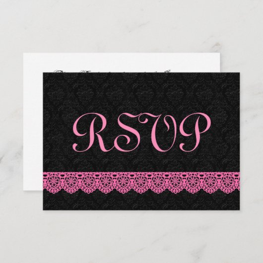 RSVP応答カードV16ピンクおよびブラックのレース 出欠カード (正面/裏面)