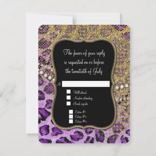 RSVP応答パープル金ゴールドヒョウアニマルプリント 出欠カード (裏面)