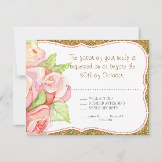 RSVP応答メニュー結婚の水彩ローズブーケ 出欠カード (正面)