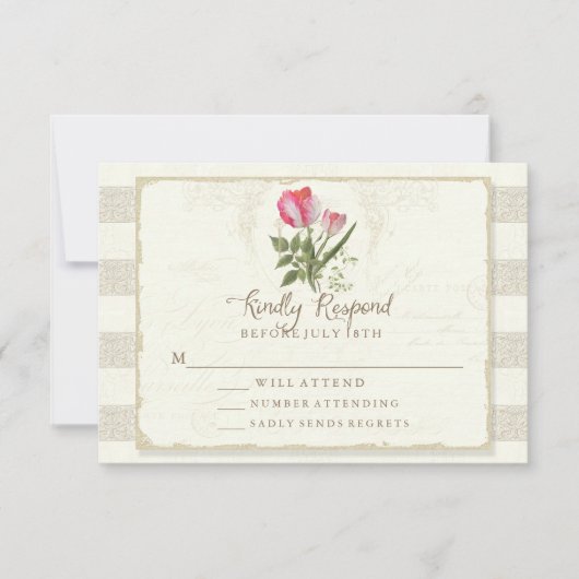 RSVP応答ヴィンテージ植物性オウムのチューリップアート 出欠カード (正面)