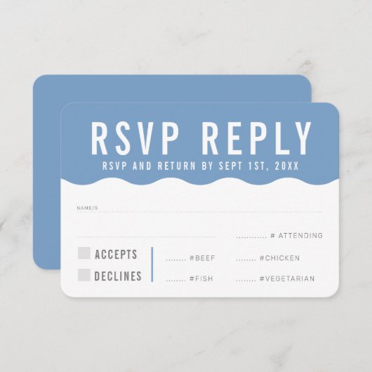 RSVP応答可愛いモダン波はっきりした青 出欠カード (正面/裏面)