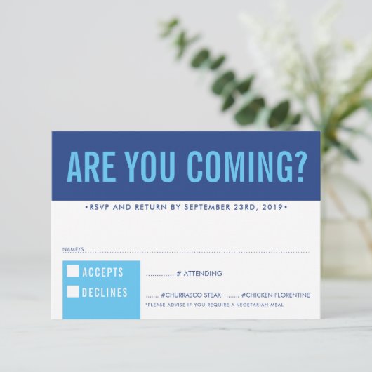 RSVP応答応答おもしろいはっきりしたブロック王室の青 出欠カード (スタンド正面)