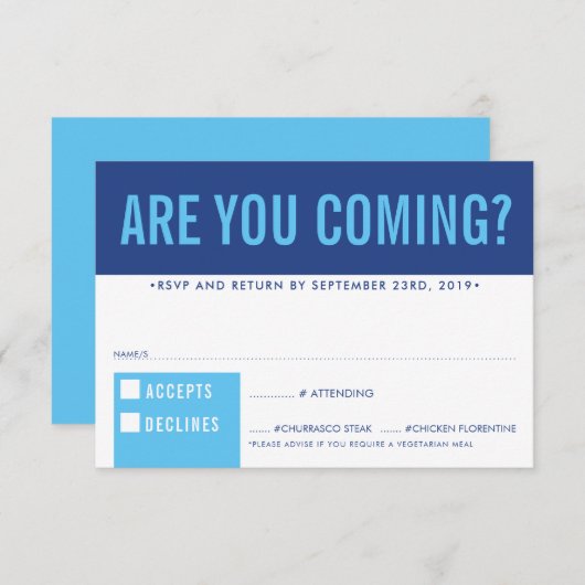 RSVP応答応答おもしろいはっきりしたブロック王室の青 出欠カード (正面/裏面)