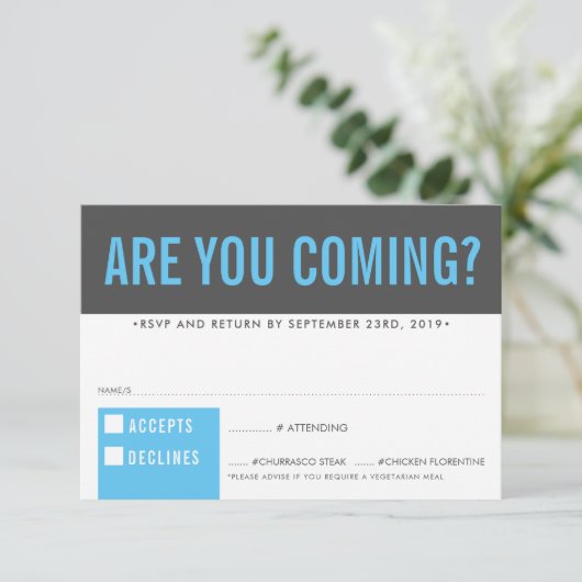 RSVP応答応答おもしろいブロックはっきりしたグレーアクアブルー 出欠カード (スタンド正面)