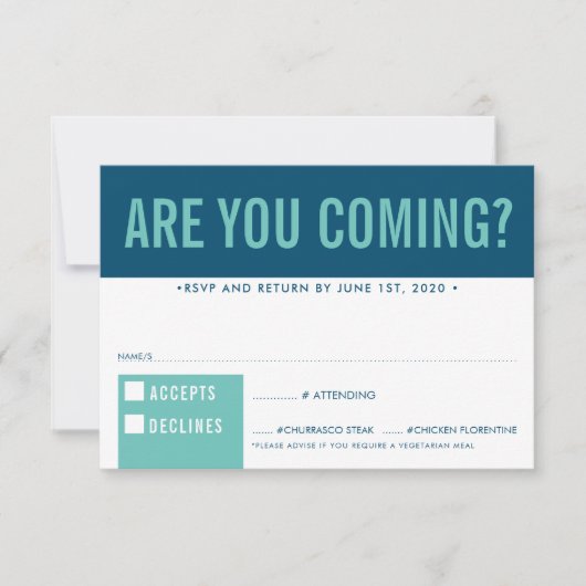 RSVP応答応答おもしろいブロックはっきりしたダークブルーミント 出欠カード (正面)