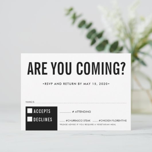 RSVP応答応答おもしろいブロックはっきりした白黒 出欠カード (スタンド正面)