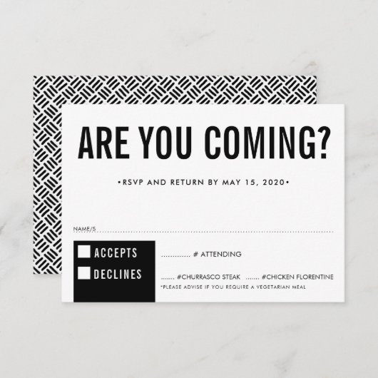 RSVP応答応答おもしろいブロックはっきりした白黒 出欠カード (正面/裏面)