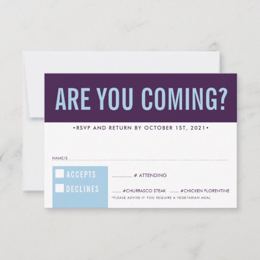 RSVP応答応答おもしろいブロック茄子淡い色の青 出欠カード (正面)