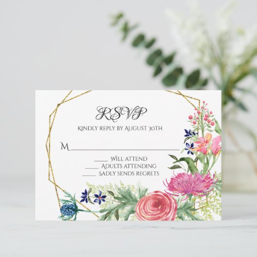 RSVP応答水彩フローラブルーピンクシダ 出欠カード (スタンド正面)