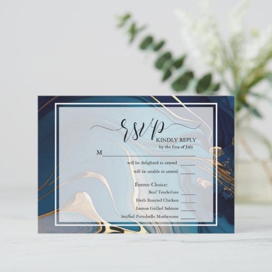 RSVP抽象芸術液体金ゴールドブルーマーブルミール選択 出欠カード (スタンド正面)