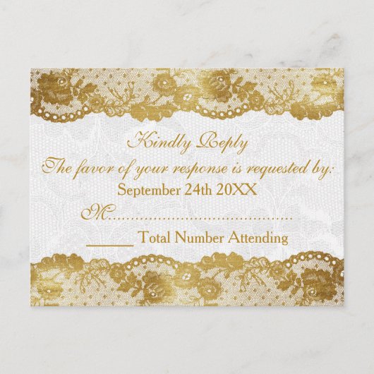 RSVP王室のパーソナライズされたゴールデンホワイトレース葉書 インビテーションポストカード (正面)