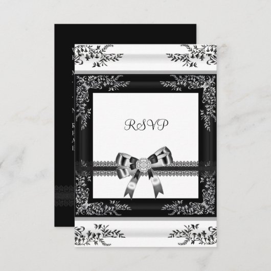 RSVP白黒レースフローラダイヤモンド3 招待状 (正面/裏面)