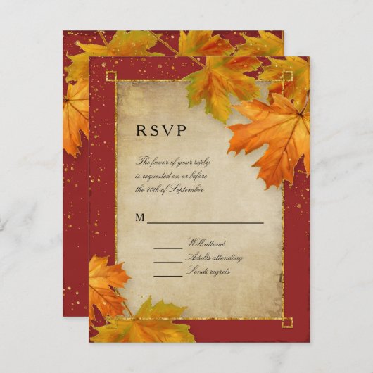RSVP秋秋の秋の落ち葉くエレガントウェディング 出欠カード (正面/裏面)