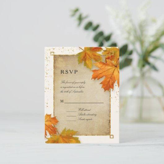 RSVP秋秋の秋の落ち葉くエレガントウェディング 出欠カード (スタンド正面)
