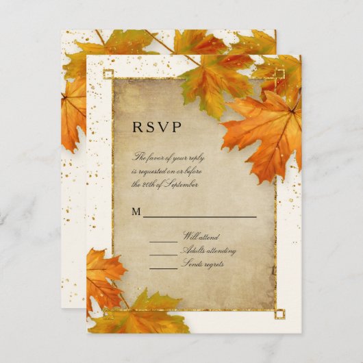 RSVP秋秋の秋の落ち葉くエレガントウェディング 出欠カード (正面/裏面)