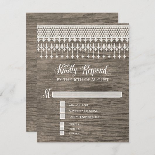 RSVP素朴ヴィンテージレースウッドスクリプトタイポグラフィ 出欠カード (正面/裏面)