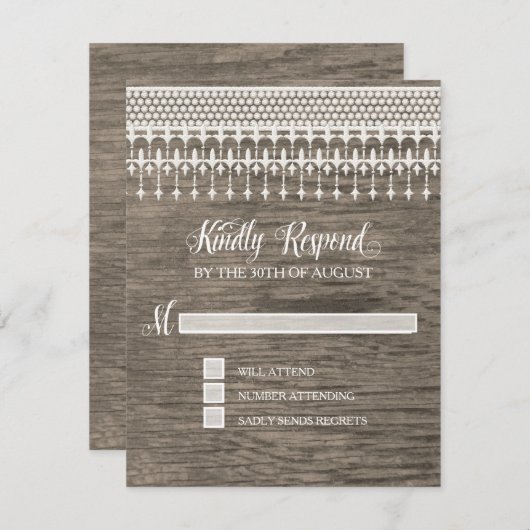 RSVP素朴ヴィンテージレース木製スクリプトタイポグラフィ 出欠カード (正面/裏面)