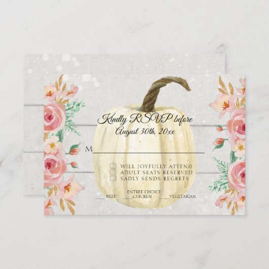 RSVP素朴赤面ピンクフローラホワイトカボチャ木製 招待状 (正面/裏面)