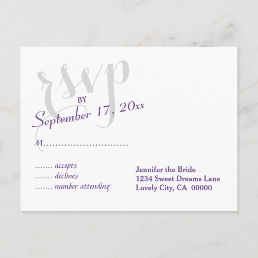 RSVP紫または任意の色結婚の応答 インビテーションポストカード (裏面)