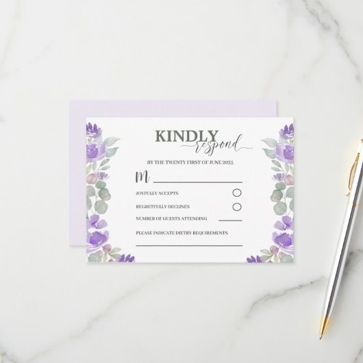 RSVP紫フローラ水色結婚の 出欠カード (正面/裏面インサイチュ)