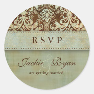 RSVP結婚式用シールダマスクブラウングリーンヴィンテージ ラウンドシール