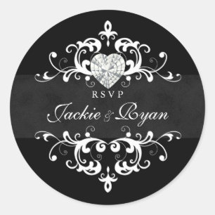 RSVP結婚式用シール白黒ハート宝石 ラウンドシール