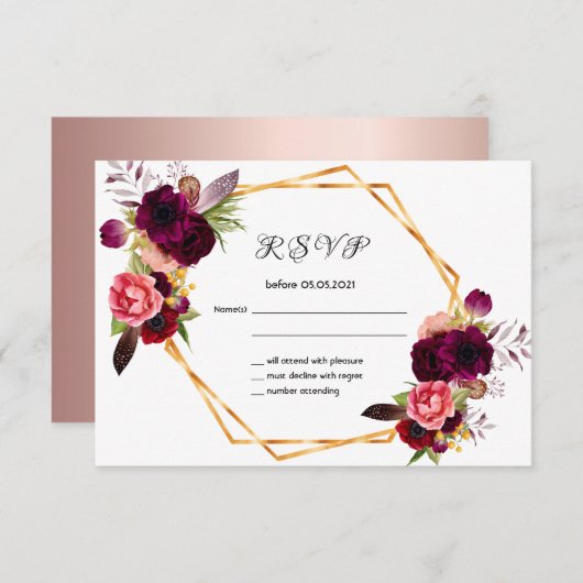 RSVP結婚式花バーガンディバラ金ゴールド白 出欠カード (正面/裏面)