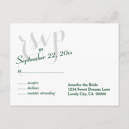 RSVP緑または任意の色結婚の応答 インビテーションポストカード (裏面)