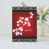 RSVP誕生日アジア赤黒フローラシルバーホワイト 出欠カード (スタンド正面)