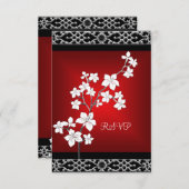 RSVP誕生日アジア赤黒フローラシルバーホワイト 出欠カード (正面/裏面)