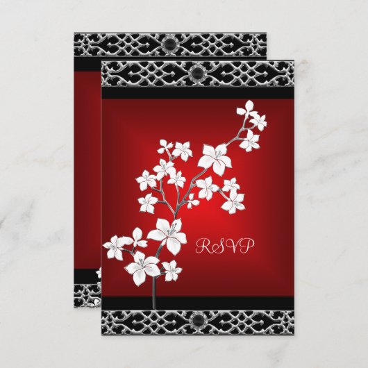 RSVP誕生日アジア赤黒フローラシルバーホワイト 出欠カード (正面/裏面)