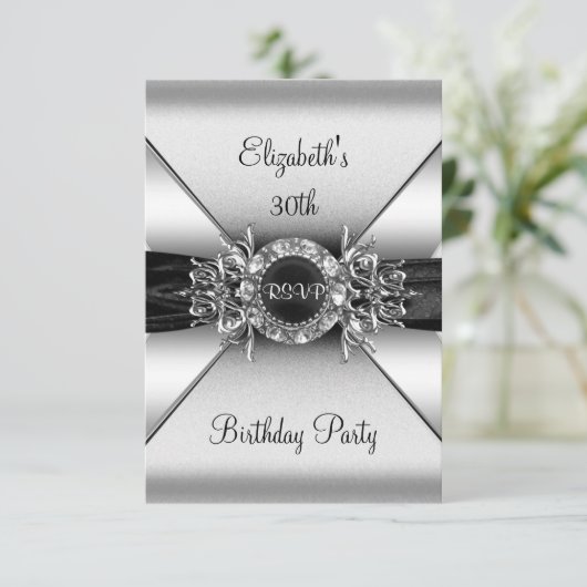 RSVP誕生日ダイヤモンドジュエル白黒シルバー 招待状 (スタンド正面)