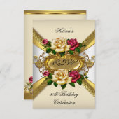 RSVP誕生日パーティーバラレッドクリーム金ゴールド3 出欠カード (正面/裏面)