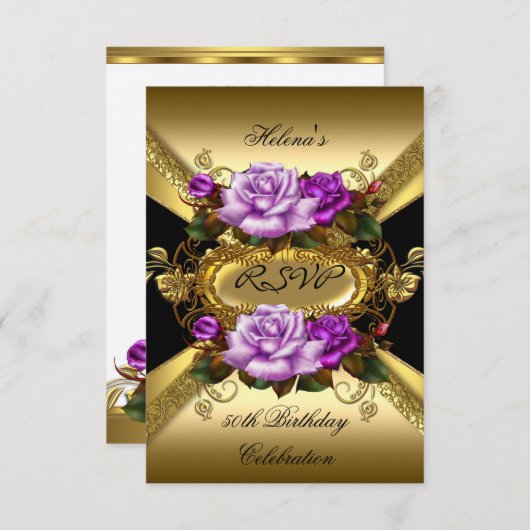 RSVP誕生日パーティーバラ紫金ゴールドブラック 出欠カード (正面/裏面)