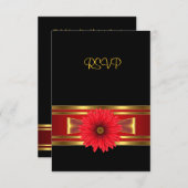 RSVP誕生日ブラックレッドフラワー金ゴールドレッドボウ 出欠カード (正面/裏面)